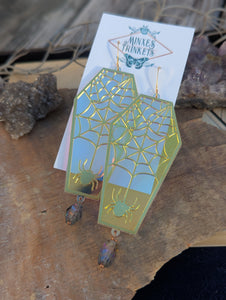 Iridescent Coffin Spiderweb Earrings