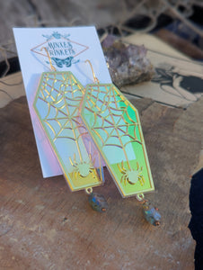 Iridescent Coffin Spiderweb Earrings