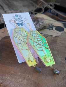 Iridescent Coffin Spiderweb Earrings