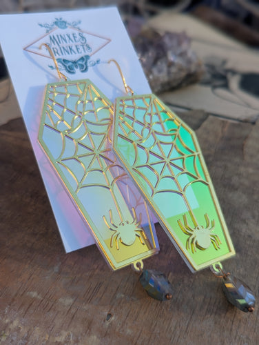 Iridescent Coffin Spiderweb Earrings