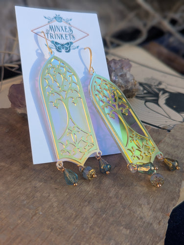 Iridescent Tree of Life Cathedral Window Earrings