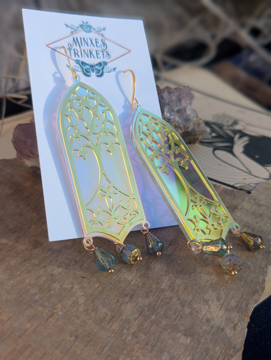 Iridescent Tree of Life Cathedral Window Earrings