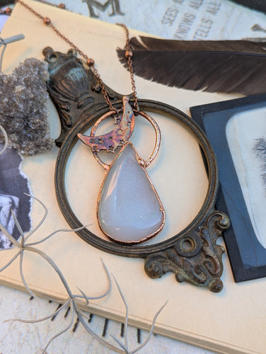 White Druzy Necklace with Moon