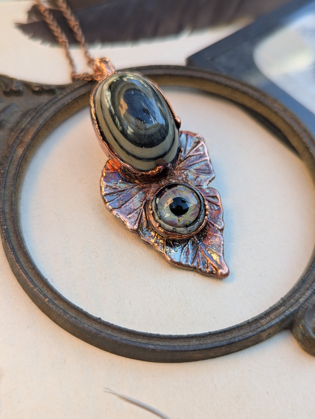 Green Eye Opal Glass Eye Leaf Necklace