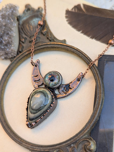 Green Eye Opal and Lamp Work Eye Moon Phase Necklace