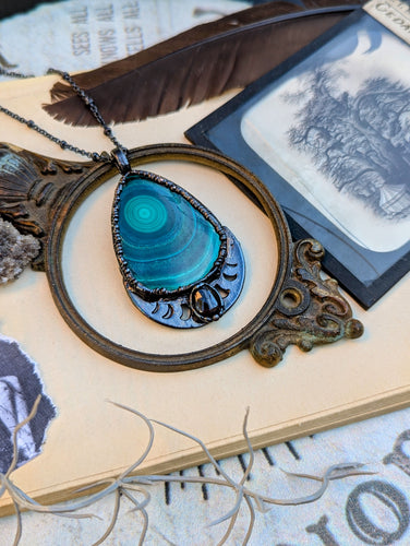 Copper Electroformed Gunmetal Malachite Moon Phase Necklace