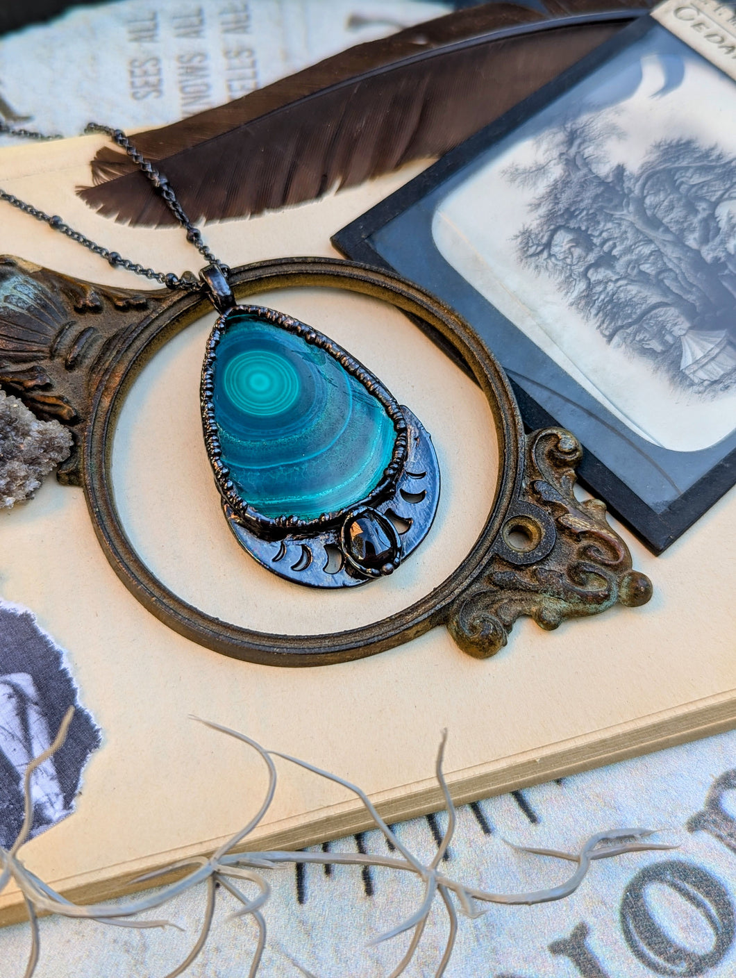 Copper Electroformed Gunmetal Malachite Moon Phase Necklace