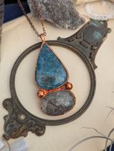 Load image into Gallery viewer, Copper Electroformed Blue Apatite and Tourmalinated Quartz Necklace