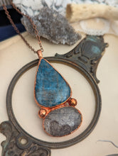 Load image into Gallery viewer, Copper Electroformed Blue Apatite and Tourmalinated Quartz Necklace