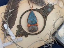 Load image into Gallery viewer, Copper Electroformed Blue Apatite and Tourmalinated Quartz Necklace