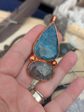 Load image into Gallery viewer, Copper Electroformed Blue Apatite and Tourmalinated Quartz Necklace