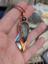 Load image into Gallery viewer, Copper Electroformed Rutilated Quartz with Star Garnet Necklace