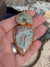 Load image into Gallery viewer, Copper Electroformed Aqua Nueva Agate and Ammonite Necklace