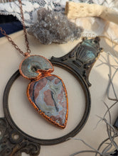 Load image into Gallery viewer, Copper Electroformed Aqua Nueva Agate and Ammonite Necklace
