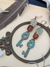 Load image into Gallery viewer, Verdigris Key Goldstone Earrings