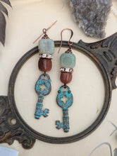Load image into Gallery viewer, Verdigris Key Goldstone Earrings