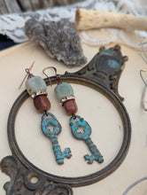 Load image into Gallery viewer, Verdigris Key Goldstone Earrings