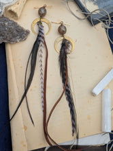 Load image into Gallery viewer, Leather and Feather Crescent Moon Earrings