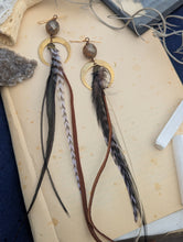 Load image into Gallery viewer, Leather and Feather Crescent Moon Earrings