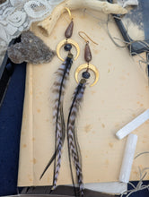 Load image into Gallery viewer, Leather and Feather Crescent Moon Earrings