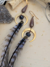 Load image into Gallery viewer, Striped Feather Crescent Moon Earrings
