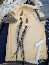 Load image into Gallery viewer, Striped Feather Crescent Moon Earrings