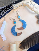 Load image into Gallery viewer, Wood &amp; Resin Moon Earrings - Blue with Larimar