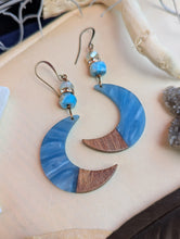Load image into Gallery viewer, Wood &amp; Resin Moon Earrings - Blue with Larimar