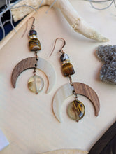 Load image into Gallery viewer, Wood &amp; Resin Moon Earrings - Zebra Jasper &amp; Tiger's Eye