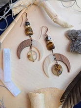 Load image into Gallery viewer, Wood &amp; Resin Moon Earrings - Zebra Jasper &amp; Tiger's Eye