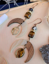 Load image into Gallery viewer, Wood &amp; Resin Moon Earrings - Zebra Jasper &amp; Tiger's Eye