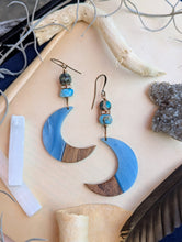 Load image into Gallery viewer, Wood &amp; Resin Moon Earrings - African Turquoise and Larimar