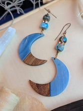 Load image into Gallery viewer, Wood &amp; Resin Moon Earrings - African Turquoise and Larimar