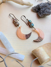 Load image into Gallery viewer, Wood &amp; Resin Moon Earrings - Aqua Terra Jasper