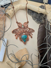 Load image into Gallery viewer, Copper Electroformed Luna Moth Turquoise and Opal Necklace