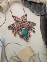 Load image into Gallery viewer, Copper Electroformed Luna Moth Turquoise and Opal Necklace