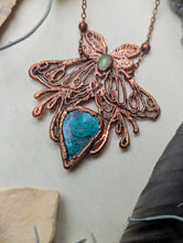 Load image into Gallery viewer, Copper Electroformed Luna Moth Turquoise and Opal Necklace
