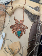 Load image into Gallery viewer, Copper Electroformed Luna Moth Turquoise and Opal Necklace