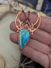 Load image into Gallery viewer, Copper Electroformed Labradorite Lotus Moon Necklace
