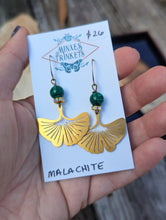Load image into Gallery viewer, Brass Gingko and Malachite Earrings