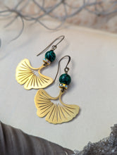 Load image into Gallery viewer, Brass Gingko and Malachite Earrings
