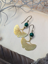 Load image into Gallery viewer, Brass Gingko and Malachite Earrings