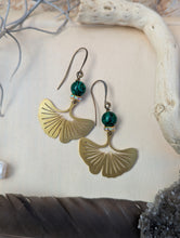 Load image into Gallery viewer, Brass Gingko and Malachite Earrings