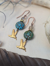 Load image into Gallery viewer, Brass Hummingbird &amp; Dahlia Earrings