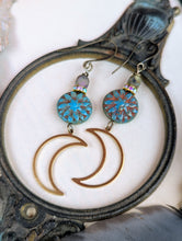 Load image into Gallery viewer, Crescent Moon and Dahlia Earrings
