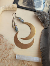Load image into Gallery viewer, Big Crescent Moon &amp; Iridescent Bead Earrings