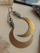 Load image into Gallery viewer, Big Crescent Moon &amp; Iridescent Bead Earrings