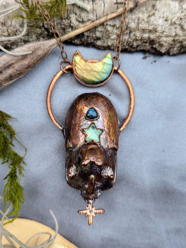 Electroformed Rhinoceros Beetle Necklace with Labradorite