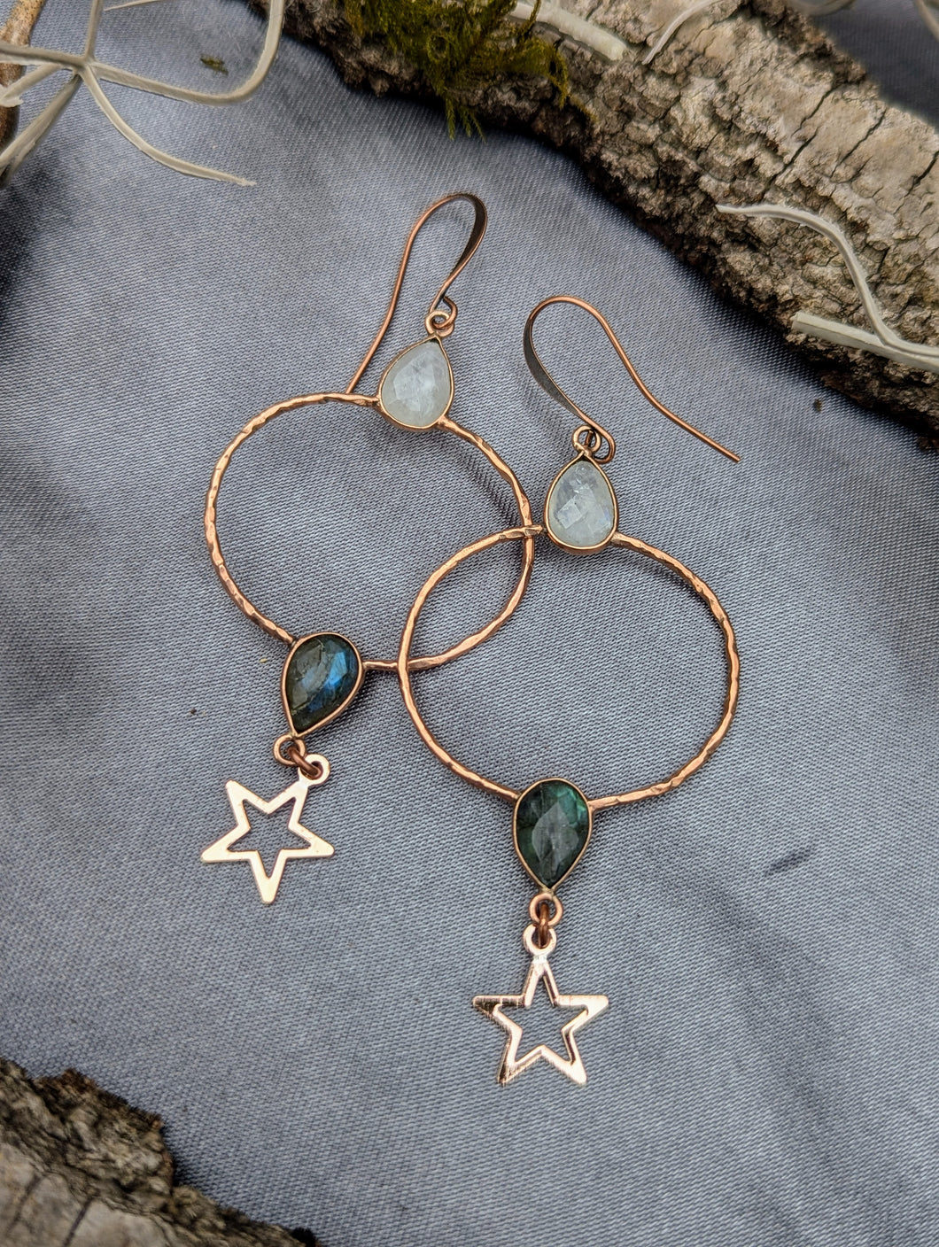 Gemstone Hoop Earrings with Stars - Moonstone and Labradorite