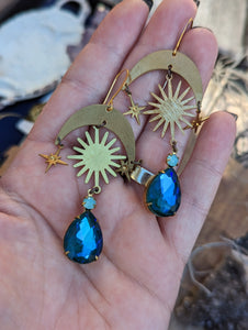 Brass Moon and Sun Earrings - Vintage Rhinestones